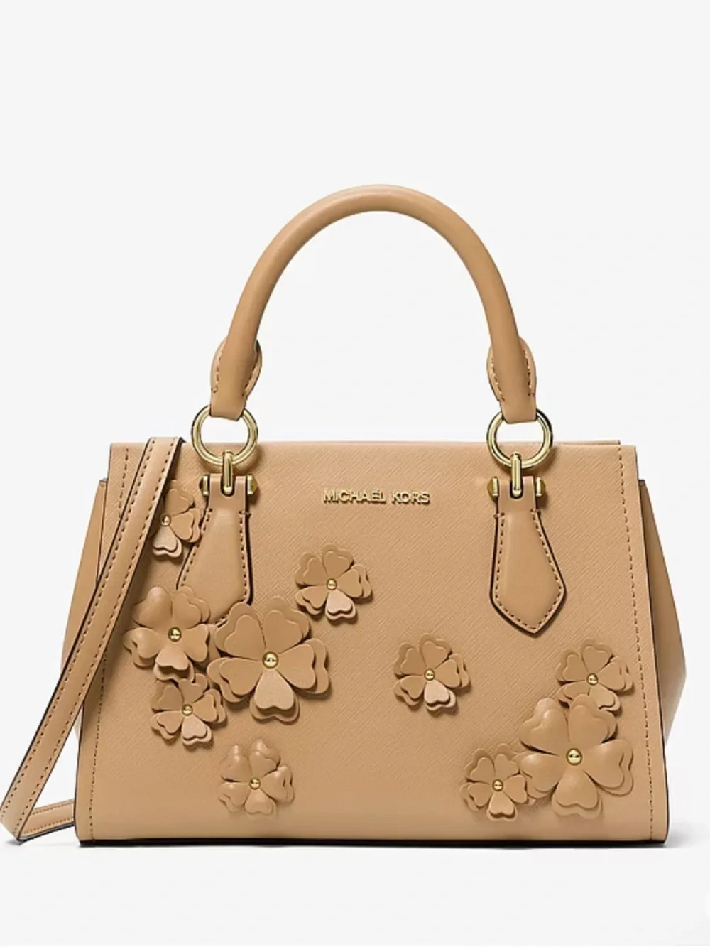MICHAEL KORS Marilyn Sm Floral Embellished Satchel Messenger Crossbody Camel NW
